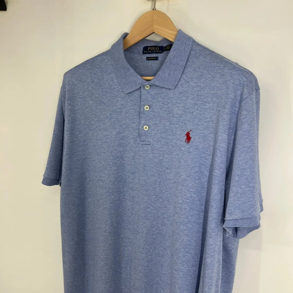 Polo Ralph Lauren Mens XL Classic Fit Blue Heathered Cotton Polo Shirt‎ Red Pony
